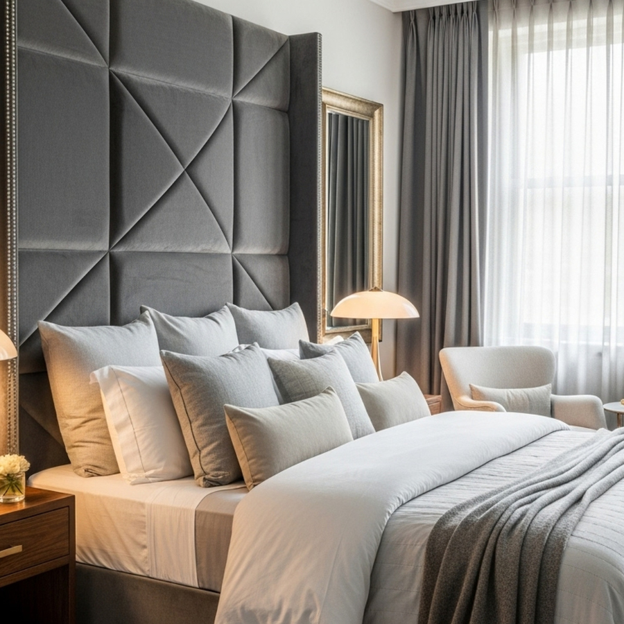 bed with clean, neutral toned linens and fluffy pillows